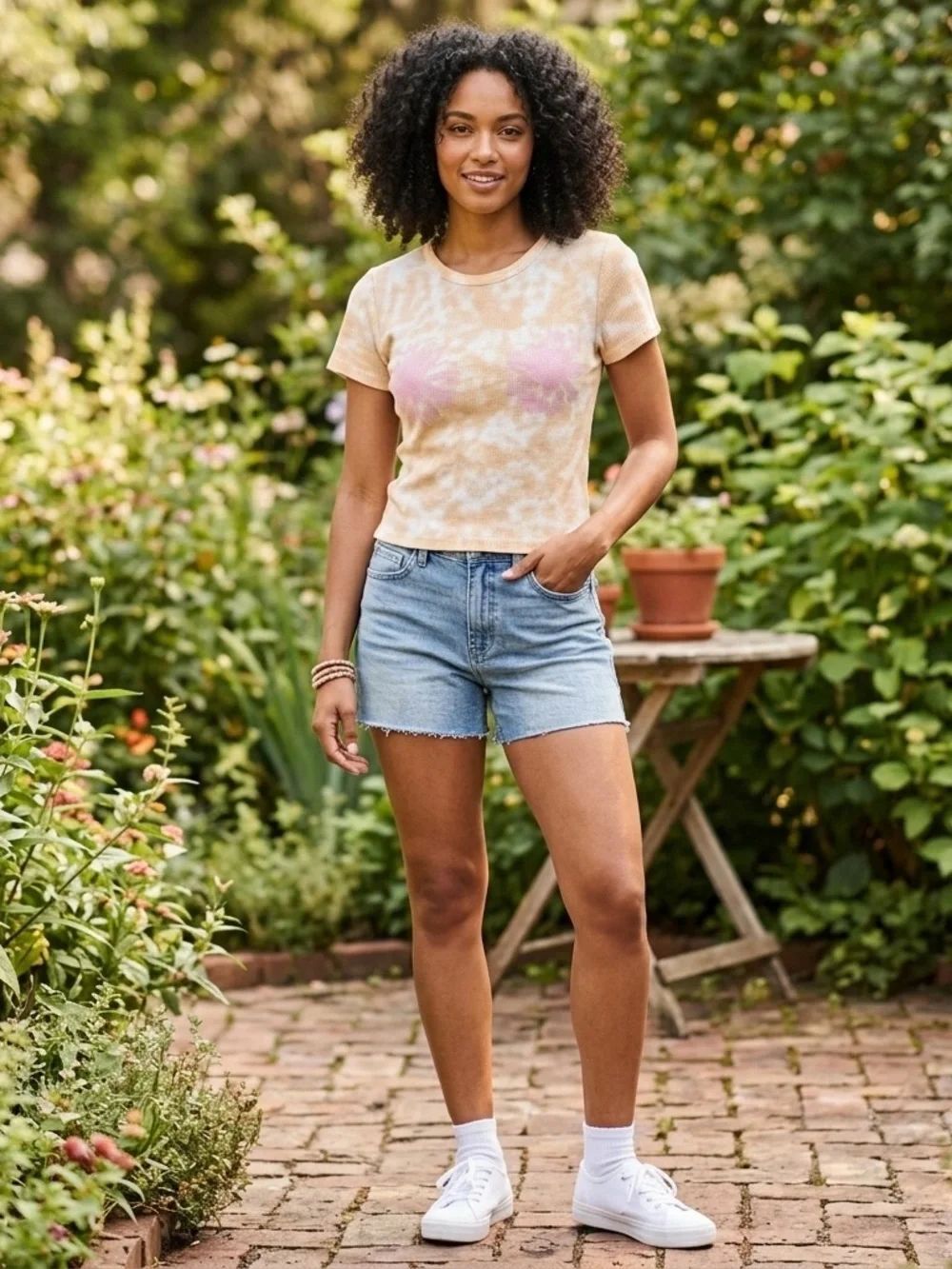 Aerie Women’s Tie-Dye Short Sleeve Waffle Tee ;Tan,Cream & Purple size M.